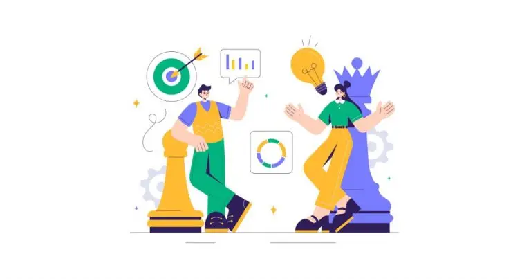 Illustration d’une stratégie digitale avec deux personnages échangeant autour du SEO, UX et innovation web.