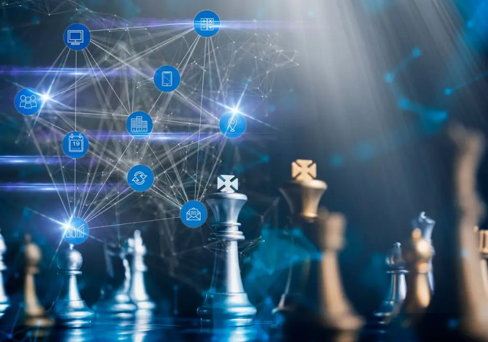 Pièces d’échecs reliées par un réseau numérique, représentant la stratégie et la planification web.