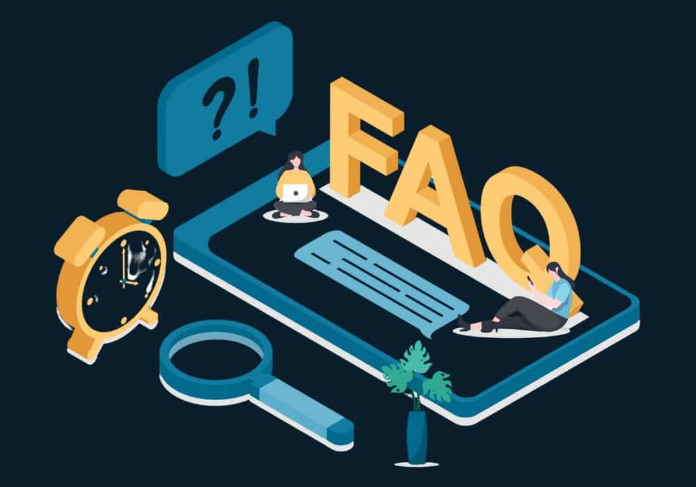 Illustration FAQ avec horloge, loupe et personnages sur tablette; questions fréquentes sur le référencement naturel (SEO) à Nantes.