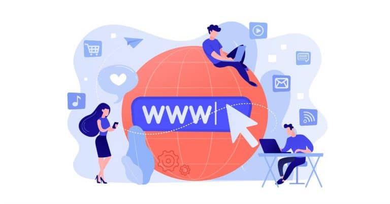 Illustration d’un globe avec le sigle WWW et des utilisateurs connectés, représentant les permaliens et URLs optimisés dans WordPress.