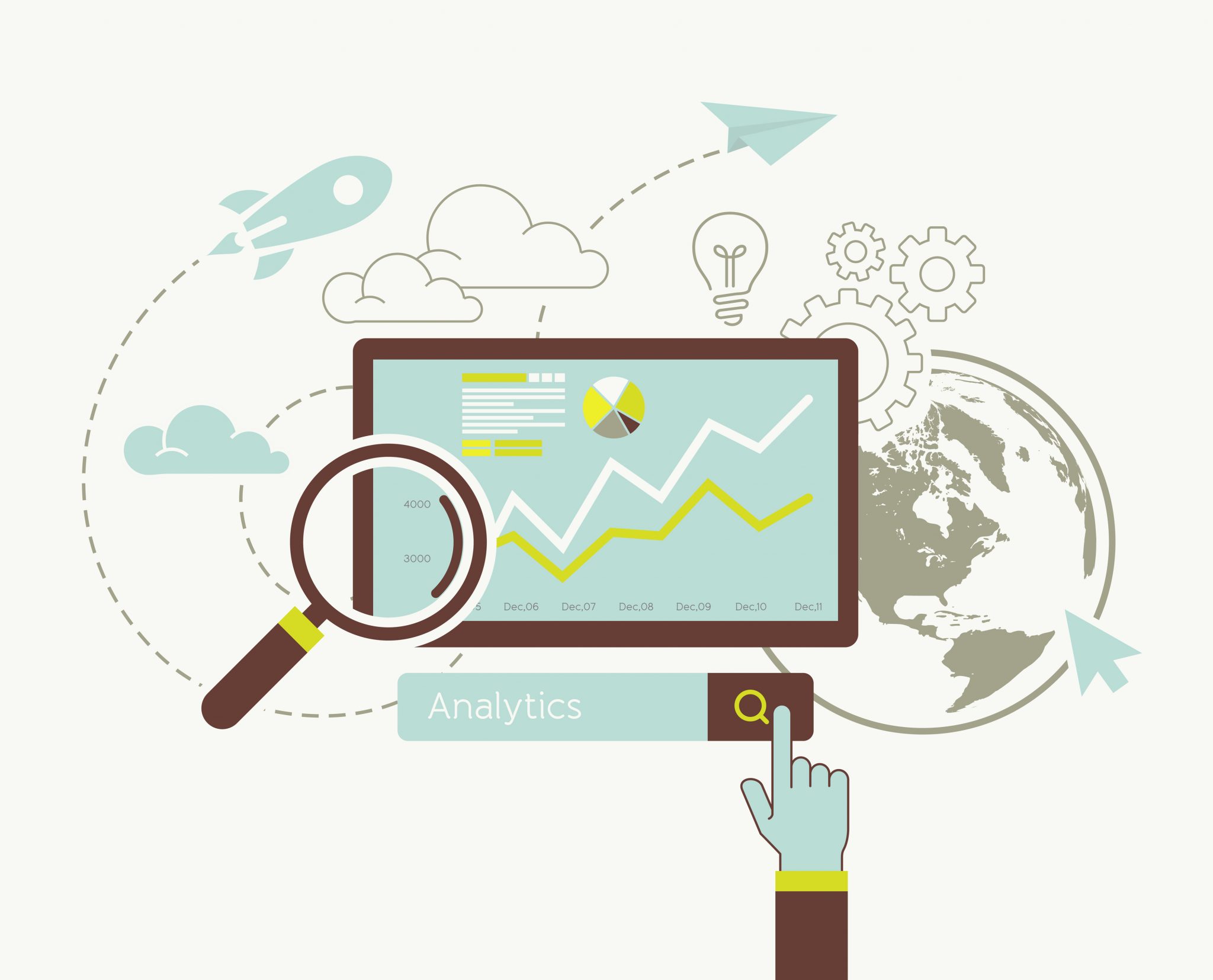Illustration montrant une analyse de données sur un écran avec loupe, graphiques et éléments symbolisant le SEO
