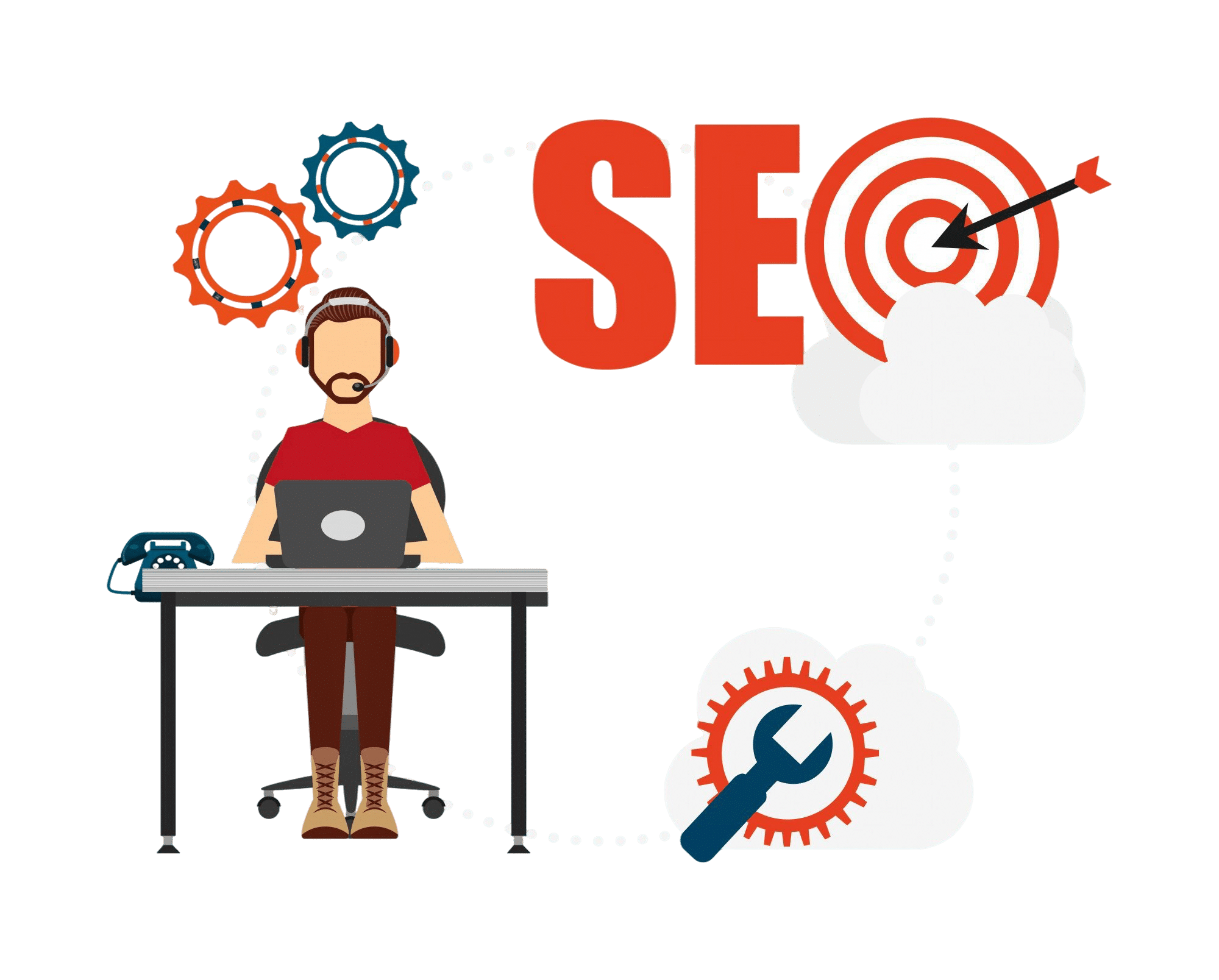 Illustration SEO avec un consultant devant un ordinateur, des engrenages, une cible et une clé représentant la technique et l’optimisation.