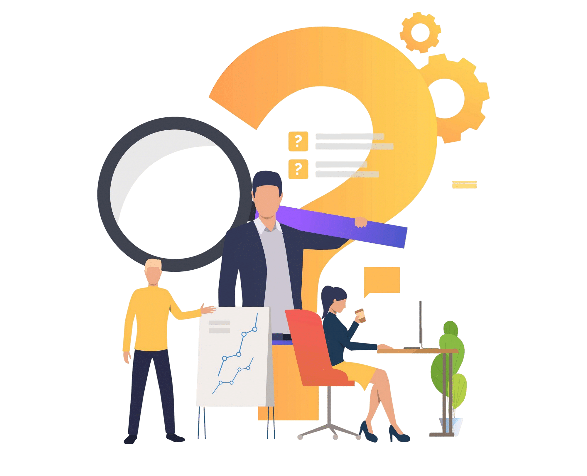 Illustration montrant des personnages travaillant autour d’un grand point d’interrogation avec des éléments d’analyse