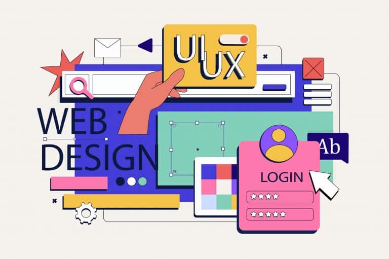 Illustration colorée montrant des éléments de webdesign comme UX, UI, un formulaire de login, une barre de recherche et des outils graphiques.