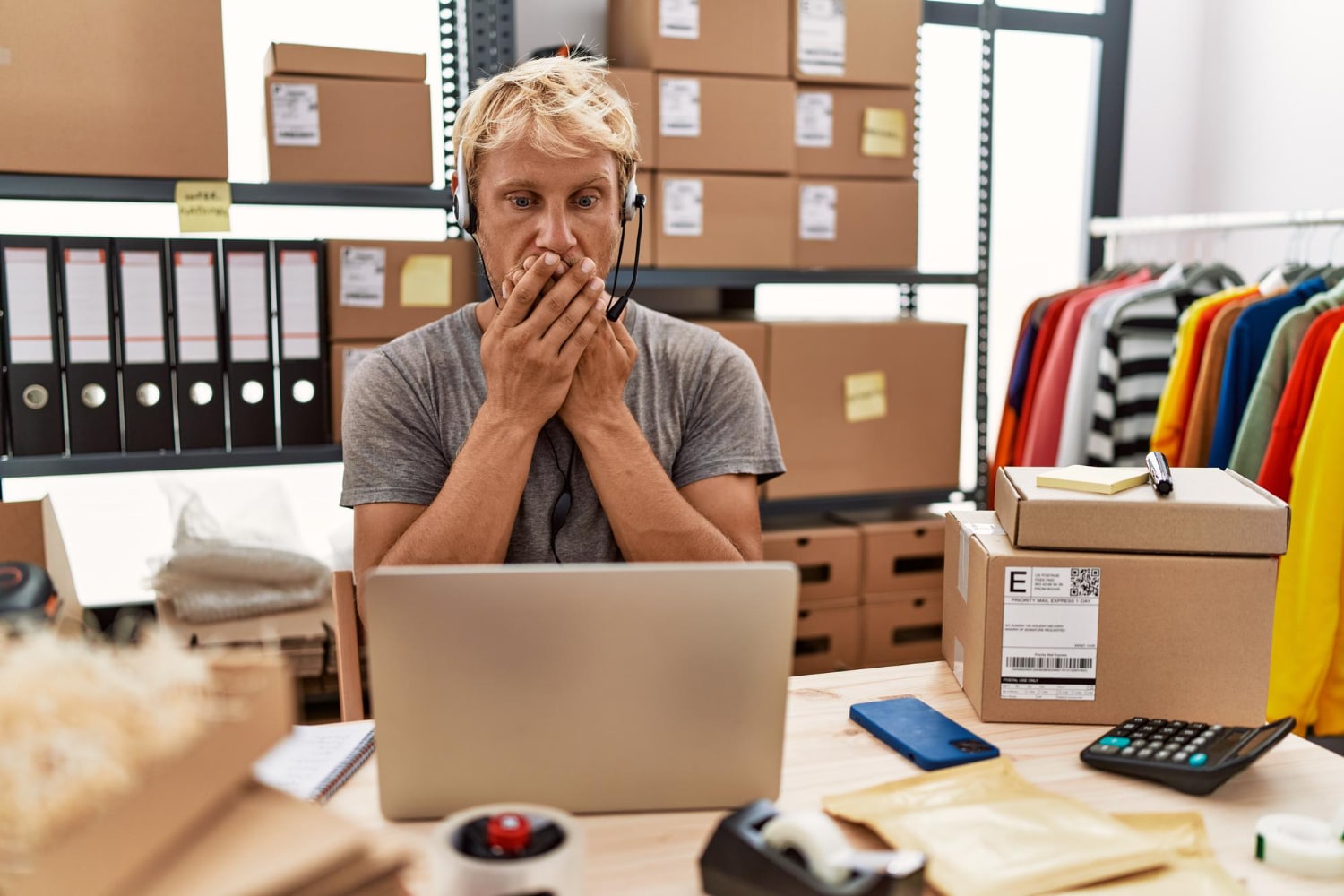 Homme inquiet devant son ordinateur dans un espace de stockage, illustrant l’importance de l’optimisation technique pour un site.