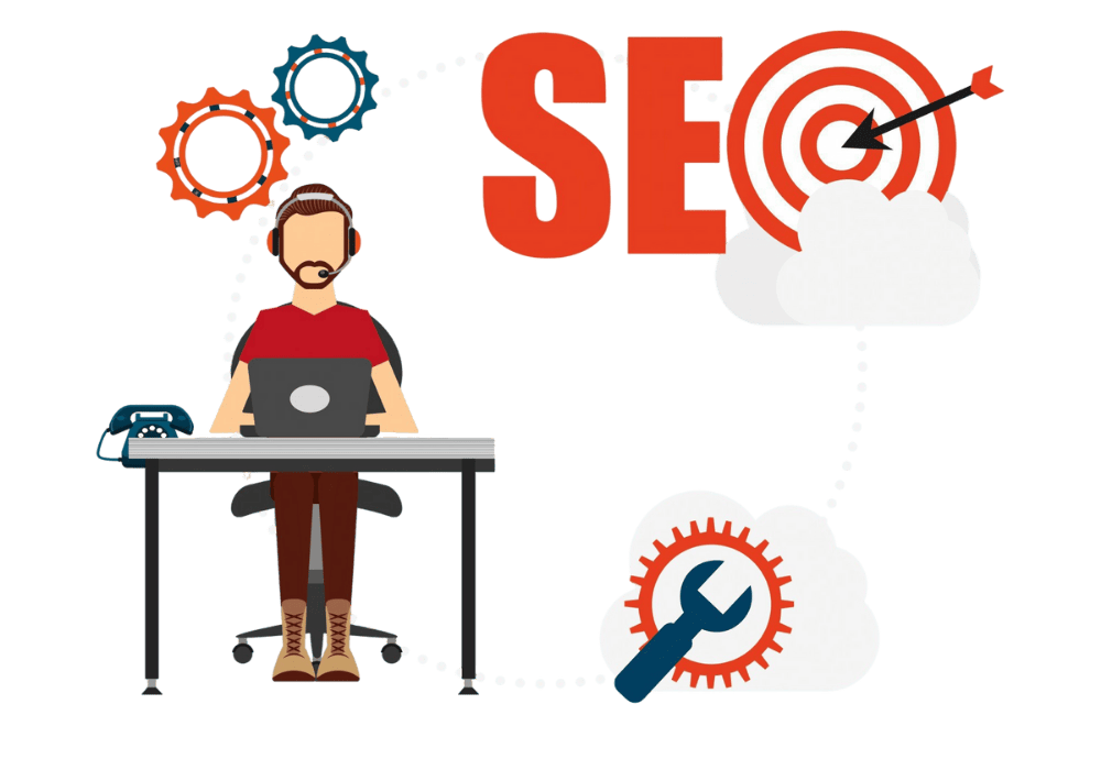 Illustration SEO avec un consultant devant un ordinateur, des engrenages, une cible et une clé représentant la technique et l’optimisation.