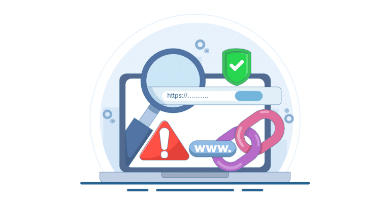 Illustration d'un ordinateur affichant des erreurs SEO, un lien brisé et une loupe de recherche, symbolisant un site qui n'apparaît pas sur Google.