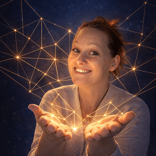 La fondatrice de Stella Novum souriante, tenant dans ses mains ouvertes une structure géométrique lumineuse et dorée sur fond de ciel étoilé, symbolisant la clarté et la solidité du site web livré.