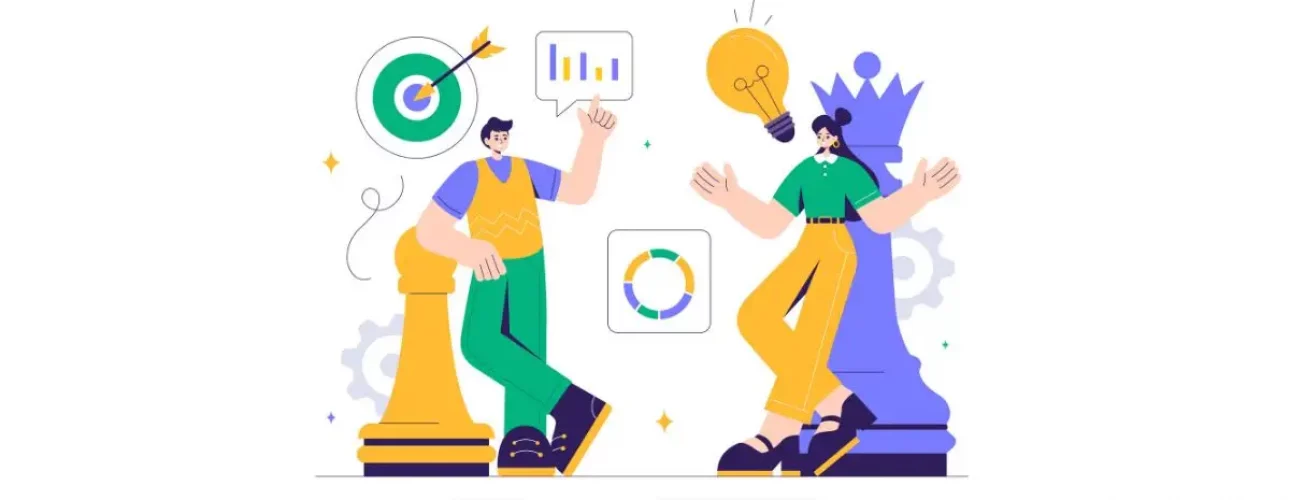 Illustration d’une stratégie digitale avec deux personnages échangeant autour du SEO, UX et innovation web.