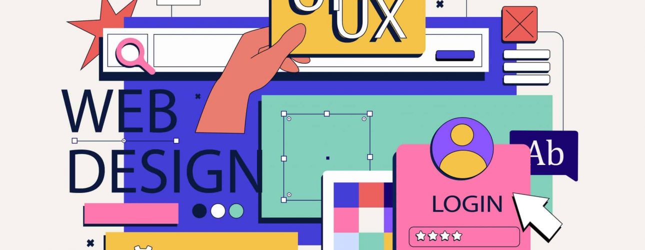 Illustration colorée montrant des éléments de webdesign comme UX, UI, un formulaire de login, une barre de recherche et des outils graphiques.
