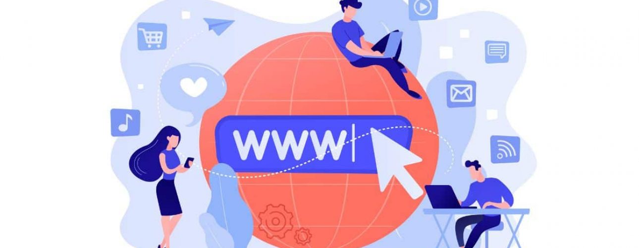 Illustration d’un globe avec le sigle WWW et des utilisateurs connectés, représentant les permaliens et URLs optimisés dans WordPress.