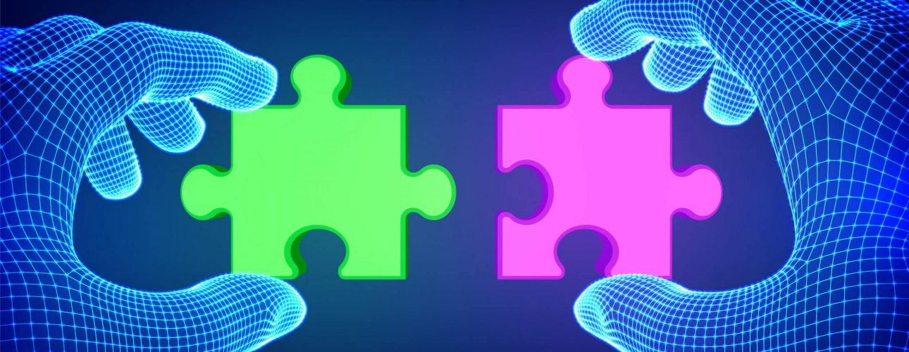 Deux mains numériques tenant deux pièces de puzzle colorées pour symboliser l’ajout d’une fonction à un système.